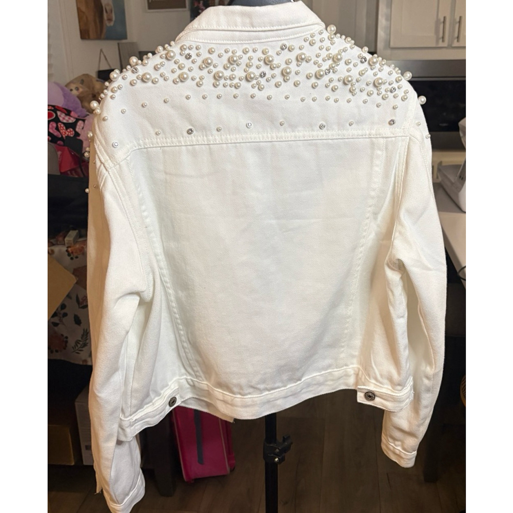 White Denim Jacket Pearl Rhinestone Embellished Women’s Cropped Trucker Glam XL - Picture 5 of 6